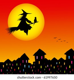 Halloween Background Silhouette Of A Witch Flying In A Broom With Cat