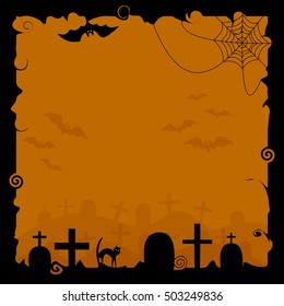 Halloween background with silhouettes of bats, cobwebs and tombstones