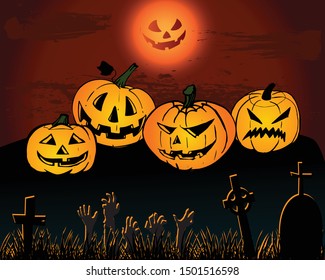 Halloween background with silhouettes of children on day night Halloween pumpkins and dark castle on blue Moon background, illustration.