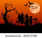 Halloween background with silhouettes of children trick or treating in Halloween costume