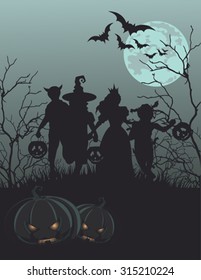 Halloween background with silhouettes of children trick or treating 