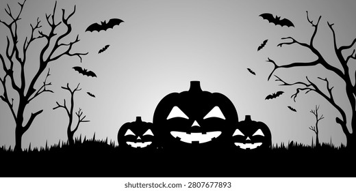 Halloween background with silhouettes of graveyard crosses and dead trees. Vector illustration.