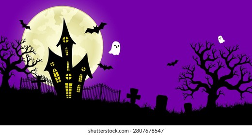 Halloween background with silhouettes of graveyard crosses and dead trees. Vector illustration.