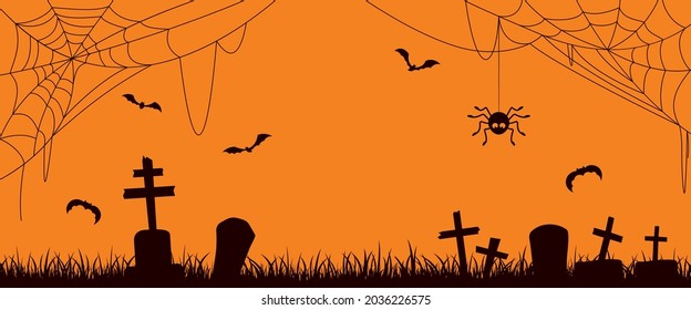 Halloween background silhouettes. Old cemetery with bats and spider web.