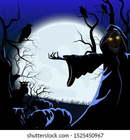 Halloween background with silhouettes of Old witch,full moon