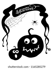 Halloween background with silhouettes of pumpkins and spider. Vector Illustration