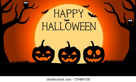 Halloween Background with silhouettes of pumpkins under full moon