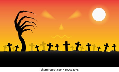 Halloween Background with silhouettes of tree, cross and evil face,vector illustration