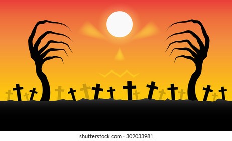 Halloween Background with silhouettes of tree, cross and evil face,vector illustration