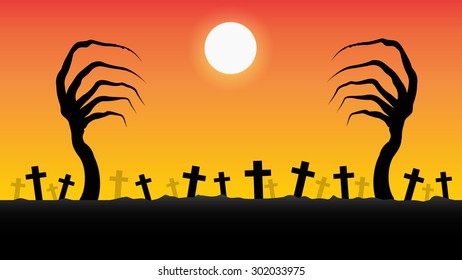 Halloween Background with silhouettes of tree, cross,vector illustration