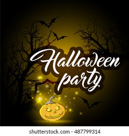Halloween background with silhouettes of tree and pumpkin. Design for Halloween party.