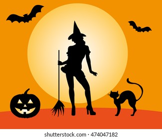 Halloween background with silhouettes witch, pumpkin, cat and bat.