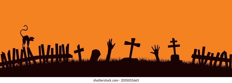 Halloween background silhouettes. Zombie hands stick out of the ground in the cemetery.