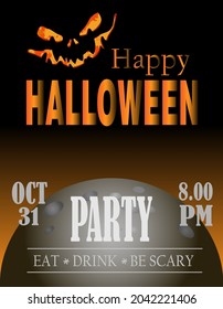 Halloween background with sinister pumpkin, trees, in black and orange colors. Halloween party flyer or invitation template. Vector graphics.