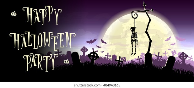 Halloween background. Skeleton hung on a pole in the old cemetery backdrop on scary moon and graves. Concept for banner, poster, flyer, cards or invites on party. Cartoon style. Vector illustration