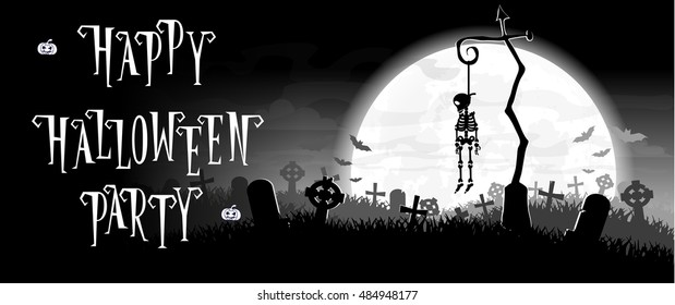 Halloween background. Skeleton hung on a pole in the old cemetery backdrop on scary moon and graves. Concept for banner, poster, flyer, cards or invites on party. Cartoon style. Vector illustration