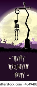 Halloween background. Skeleton hung on a pole in the old cemetery backdrop on scary moon and graves. Concept for banner, poster, flyer, cards or invites on party. Cartoon style. Vector illustration