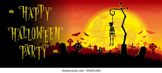 Halloween background. Skeleton hung on a pole in the old cemetery backdrop on scary moon and graves. Concept for banner, poster, flyer, cards or invites on party. Cartoon style. Vector illustration