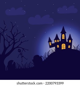 Halloween background, skeleton poster. Vector illustration