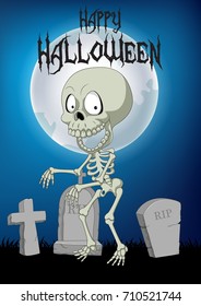Halloween background with skeleton walking in the cemetery