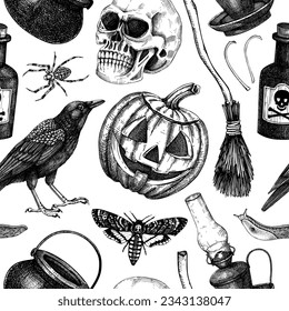 Halloween background. Skull,  potions, pumpkin head, moth. slugs, raven sketches. Hand drawn witchcraft repeating texture. Magic seamless pattern. Halloween design, print, decoration, textile