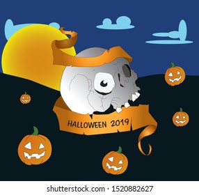 Halloween Background with skull and pumpkin in floating design