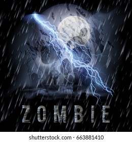 Halloween Background with Skull, Zombie in a Rainy Weather