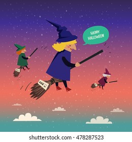 Halloween background with sky and flying witches on brooms. Vector colorful cartoon illustration