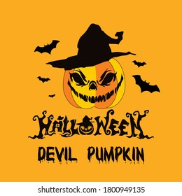 Halloween background with smile pumpkin devil and bat