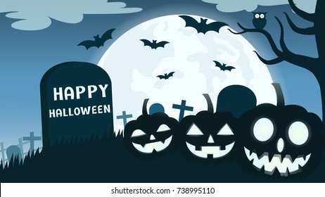 Halloween background with smile pumpkin devil in graveyard and the full moon - Vector illustration