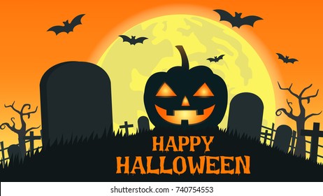 Halloween background with smile pumpkin devil in graveyard and the full moon - Vector illustration