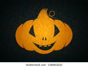 Halloween background with smiling, delicate, luminous pumpkin on a dark openwork background. vertical format