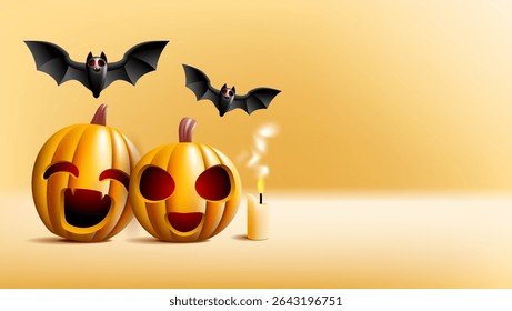 Halloween Background with Smiling jackolanterns, bats, and candle. Perfect for spooky holiday backgrounds, product designs, or social media posts.
