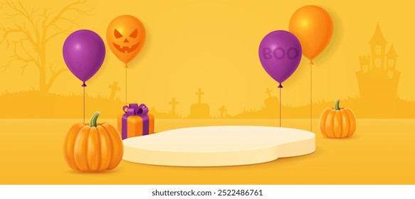 Halloween background with smiling orange pumpkins, balloons, gift boxes and sweets.