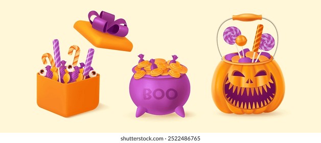 Fondo de Halloween con sonrientes calabazas naranjas, globos, cajas de regalo y dulces.