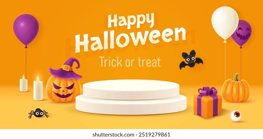 Halloween background with smiling pumpkins, ballons, candles, bat and spider. Greeting card for party and sale.