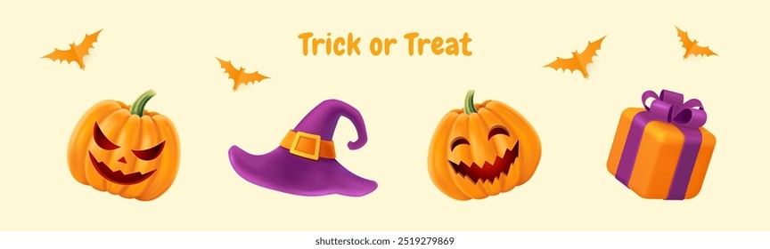 Halloween background with smiling pumpkins and gift box. Greeting card for party and sale.