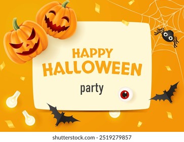 Halloween background with smiling pumpkins. Greeting card for party and sale.
