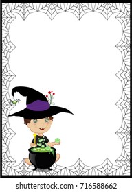 Halloween background with space for text and illustration of witch boy and cauldron framed with spiderweb isolated.  Vector illustration for card, flyer, party invitation. or greeting card.  