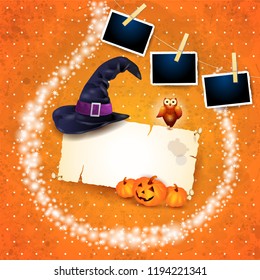 Halloween background with sparkles, hat and photo frames. Vector illustration eps10