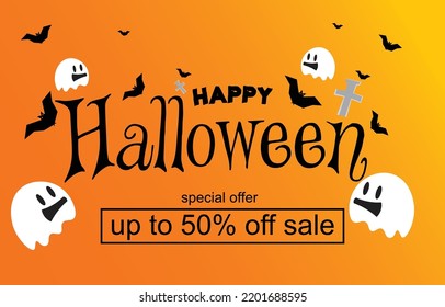 Halloween background. Special offers and shopping discounts. Halloween sale horizontal banner.Vector illustration holiday promotion decorated with cartoon ghosts and bats.