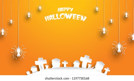 Halloween background with spider and cemetery gravestone in paper art carving style. banner, poster, Flyer or invitation template party. Vector illustration.