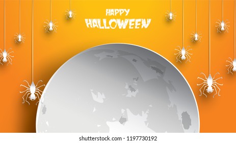 Halloween background with spider and moon in paper art carving style. banner, poster, Flyer or invitation template party. Vector illustration.