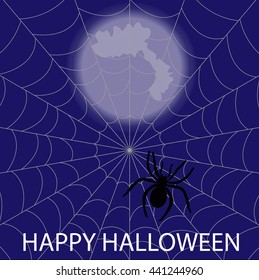 Halloween background. Spider on a spider web and the moon. Pattern for greeting or invitation. Vector illustration