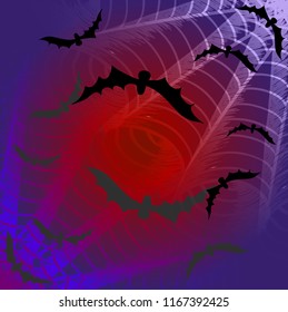 Halloween background with spider web and bats. Festive design element. Vector illustration.