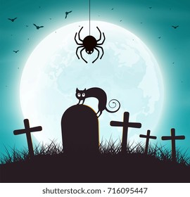 Halloween Background. Spider web with bats and cat on grave. 
