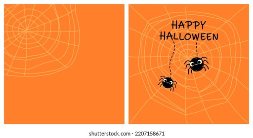 Halloween background with spider web and spider cartoons on orange vector illustration.