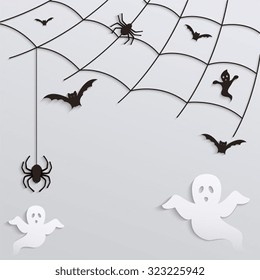 Halloween Background. Spider web with flying ghosts and bats.