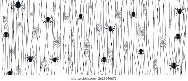 Halloween Background with Spider Web in Hand Drawn Style. Creepy doodle banner with arachnids dangling from threads perfect for cards, party invitations, web, fashion, print