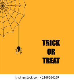 Halloween background with a spider, a web and words TRICK OR TREAT. Vector illustration